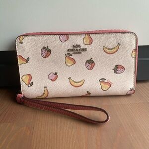 Coach Fruit Print Long Zip Around Wallet Crossgrain Leather Cream Pink C8213
